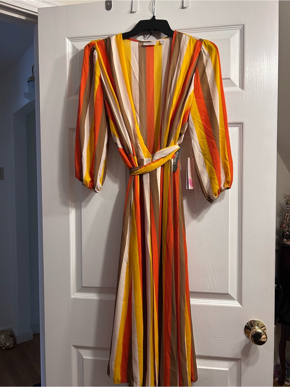 eva mendes for New York & Company Striped Midi Dress in Yellow, Orange & Tan